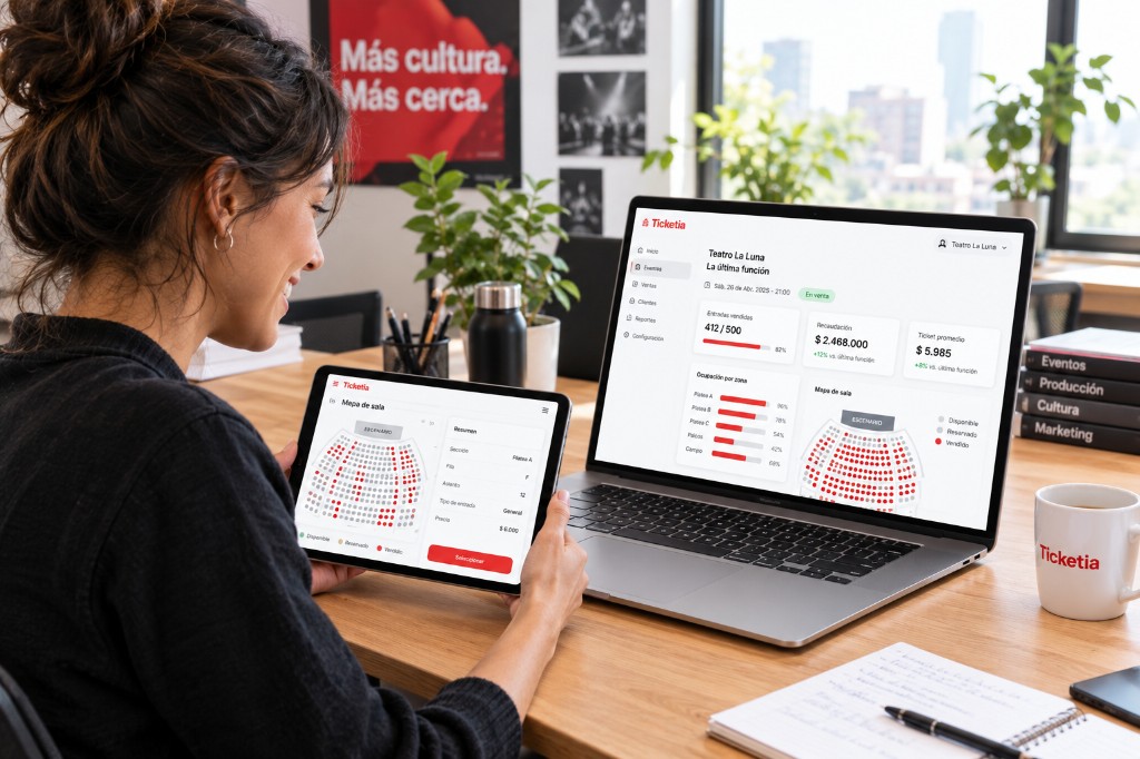 Productora configurando planos de sala y ocupación en el dashboard de Ticketia