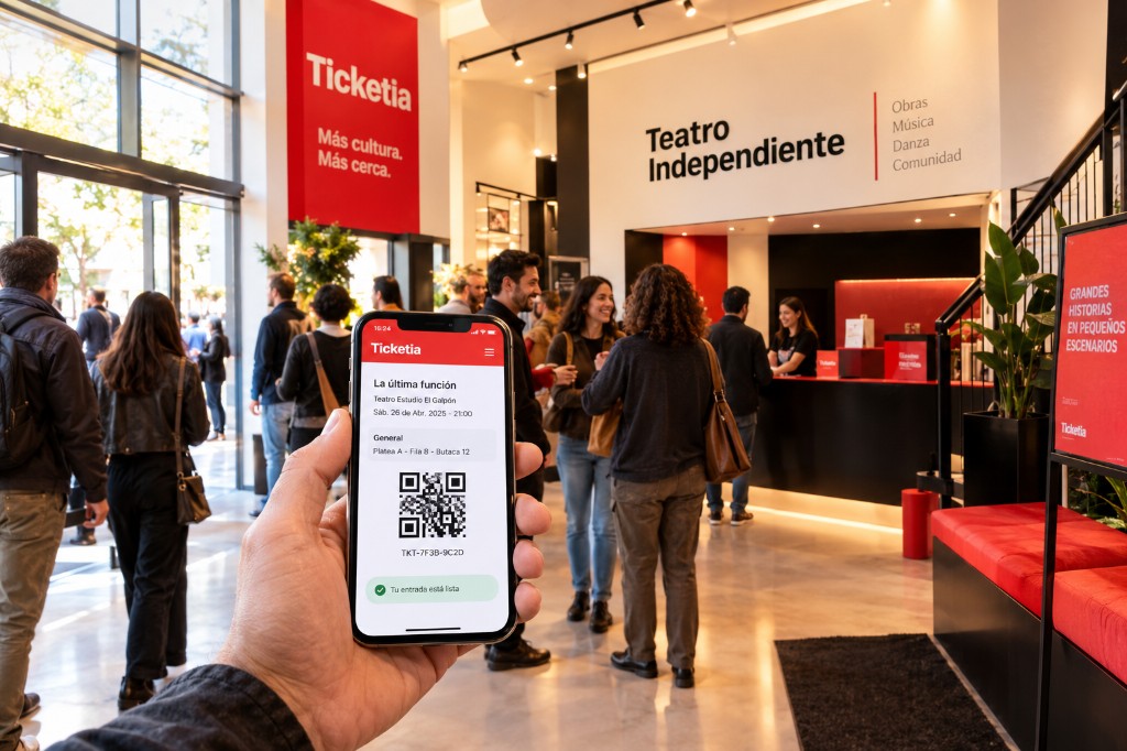 Espectador con su entrada digital Ticketia en el foyer de un espacio en vivo