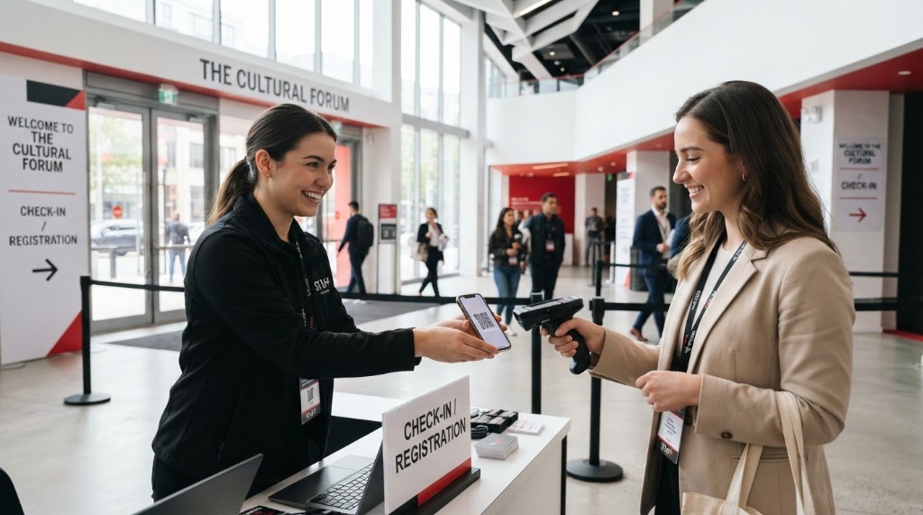 Staff validando un código QR de acceso en la puerta del evento